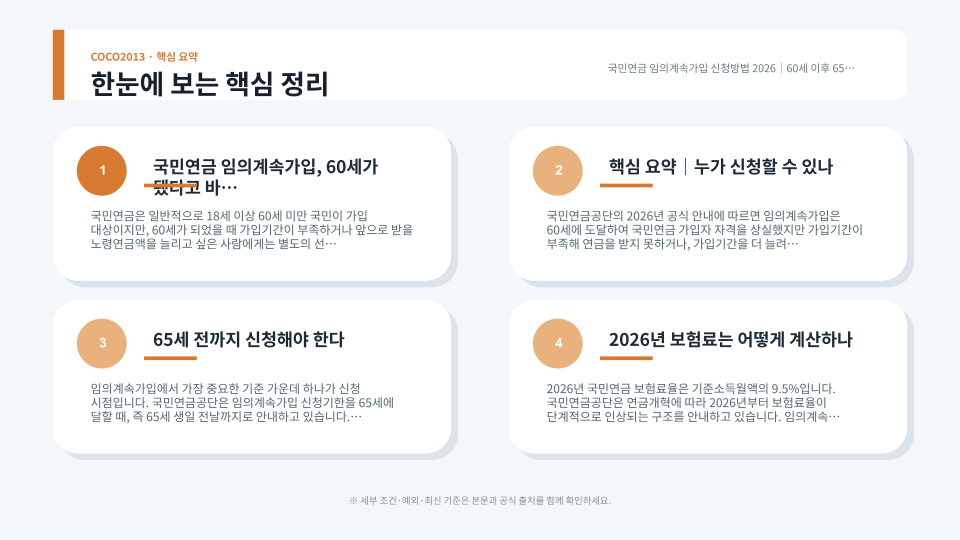 국민연금 임의계속가입의 신청 조건과 65세 전 신청기한을 확인하는 장면