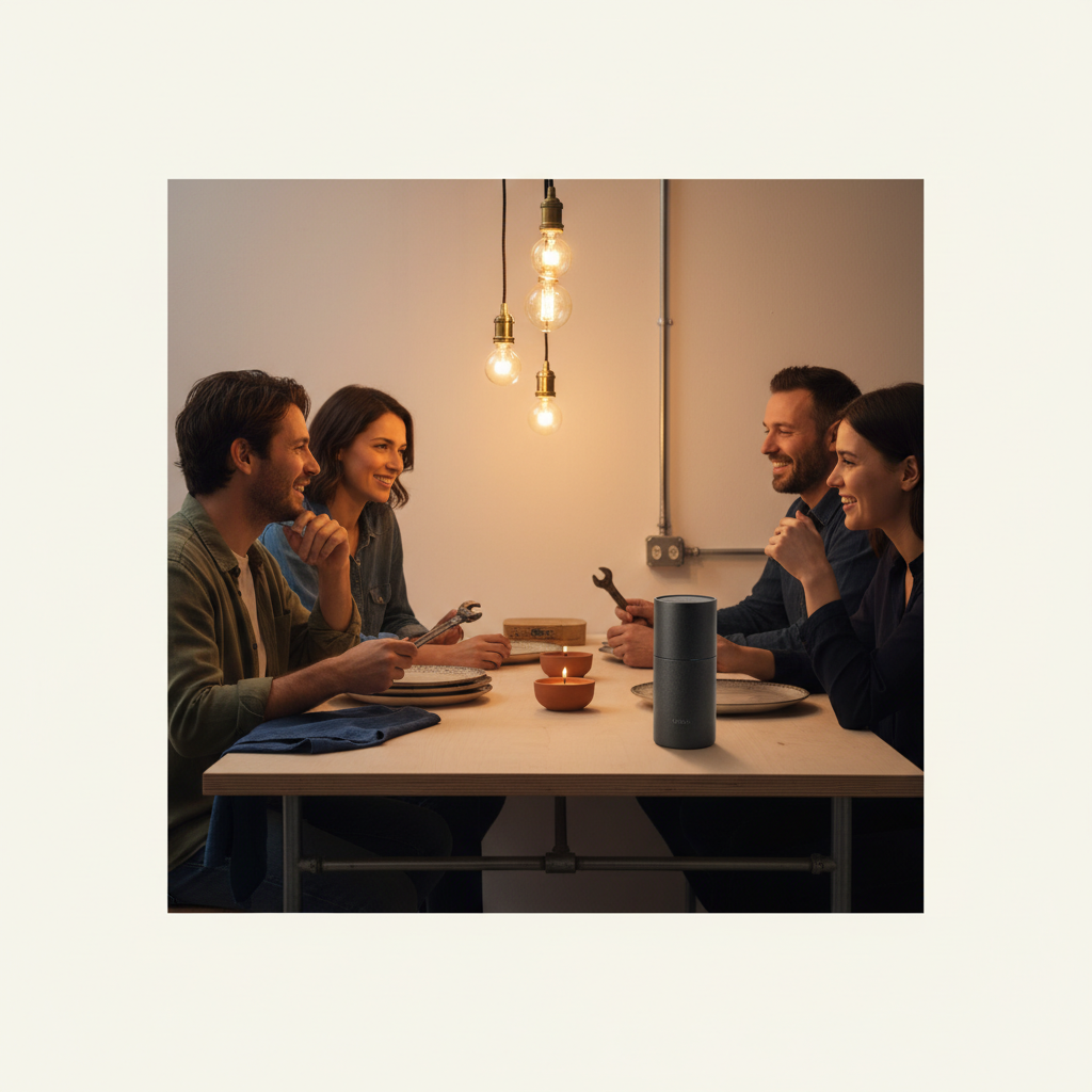Kleine Familie beim warmen Abendessen mit dem Produkt aus den Referenzfotos auf dem Tisch, intime industrielle Atmosphäre – Thema unangemessene Geschenke.