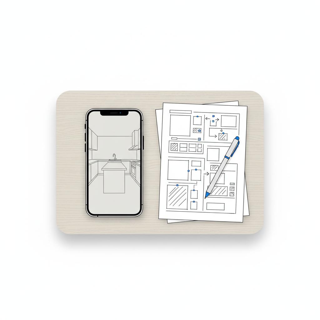 Top-down vector illustration of a phone showing a paused empty kitchen clip beside a sketched comps sheet and pen; minimalist composition highlighting the 3-3-3 rule in real estate.