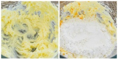 Cho 110g bơ, 70g đường vào âu và đánh cho bông, chuyển sang màu sáng rồi thêm 1 muỗng tinh chất vani vào cùng vỏ cam bào nhuyễn và trộn thât đều lên, Sau đó rây 140g bột mì, bột nở vào, dùng phới trộn đều. Thêm 60g trái nam việt quất vào trôn lên đến khi tất cả quyện vào nhau. Cho hỗn hợp bột ra túi nilon và vo lại thành hình thanh tròn dài, bọc kín, cho vào tủ lãnh để 1 tiếng cho cứng lại.