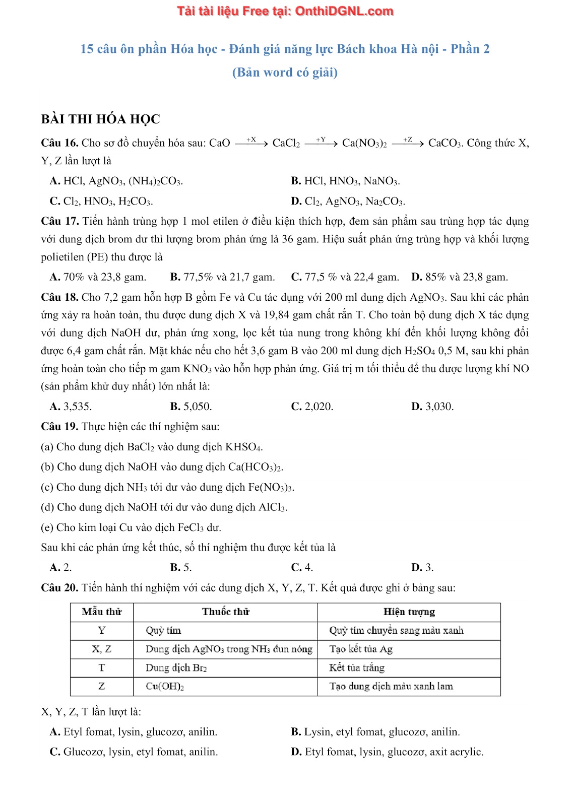 135 bài tập môn Hóa học - Ôn thi ĐGNL Bách khoa Hà nội Phần 2