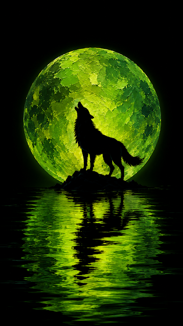 Dramatic Silhouette of Wolf Howling at a Green Sun - Free mobile Wallpaper