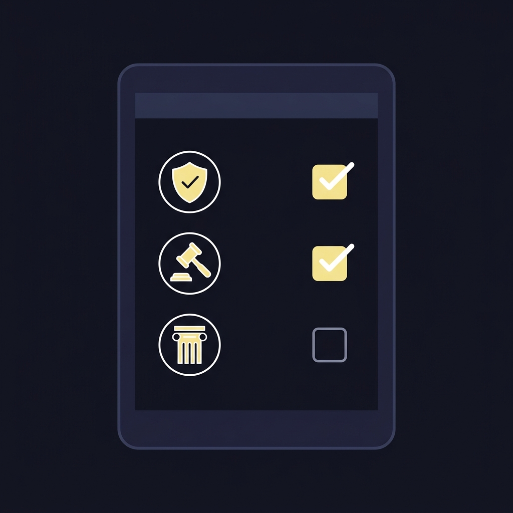 Minimal 2D vector tablet checklist with icons for licensed operators gavel and statutes on dark background representing bovada legal states
