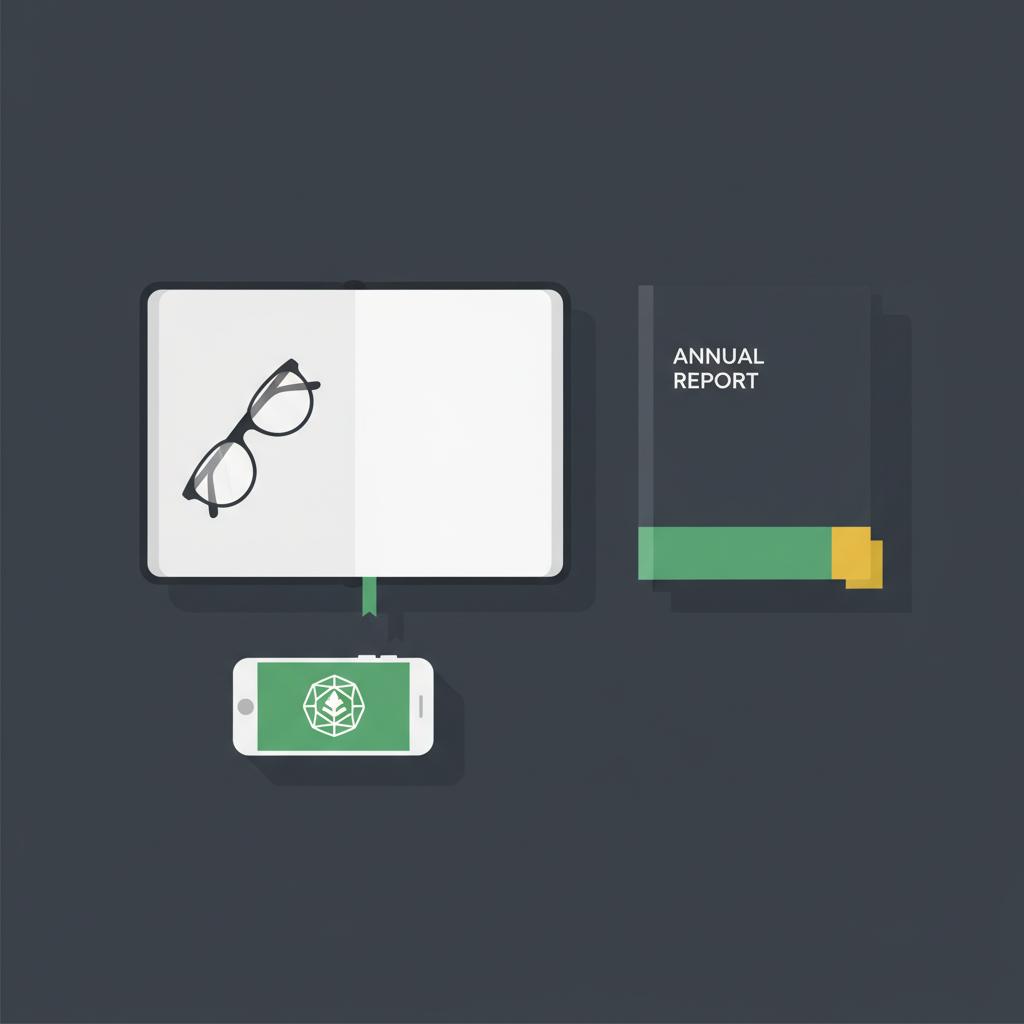 Minimal 2D vector top down desk illustration with notebook glasses annual report and smartphone showing a simple cryptocurrency coin glyph why wont warren buffett buy bitcoin