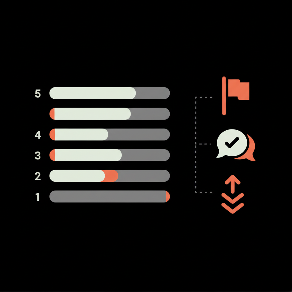Minimal 2D vector infographic of review distribution bars and icons for flagging, responding, and escalation as a visual guide for Can a Google review be traced
