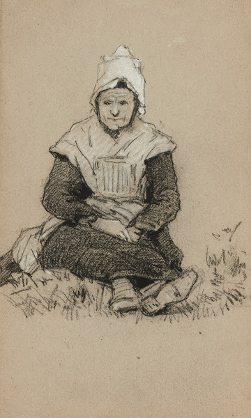 Femme de face en costume assise sur lherbe