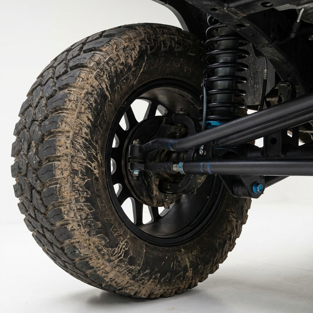 Close up of jeep wrangler suspension and tire with light mud showing aftermarket off road gear and blue accent tow hook jeep wrangler for sale