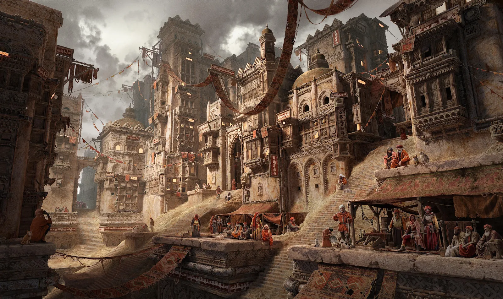 Ancient Desert City Market - Digital Concept Art 4K Wallpaper (3840x2284)