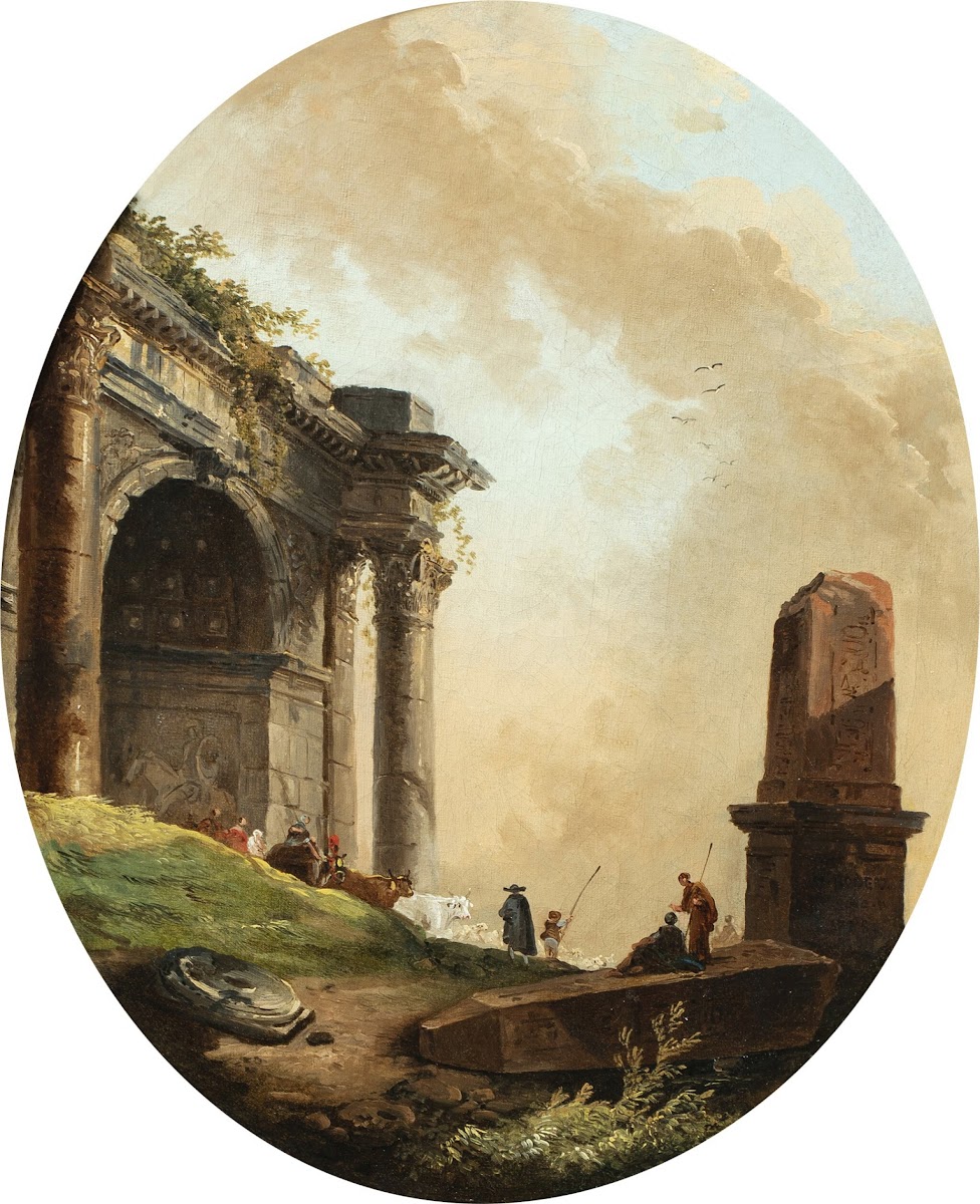 Drovers and their livestock before a ruined arch and obelisk 1778