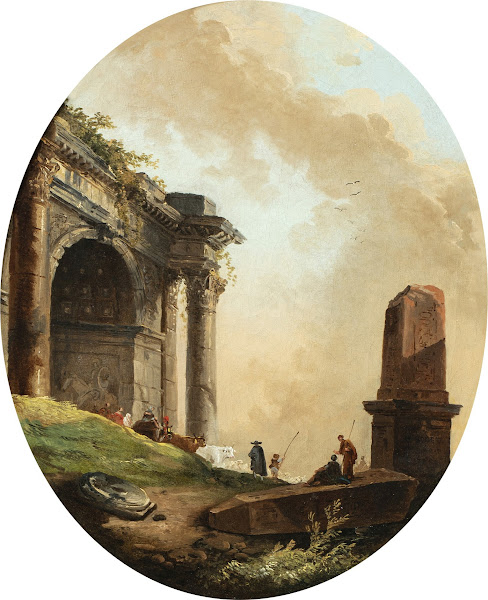 Drovers and their livestock before a ruined arch and obelisk 1778
