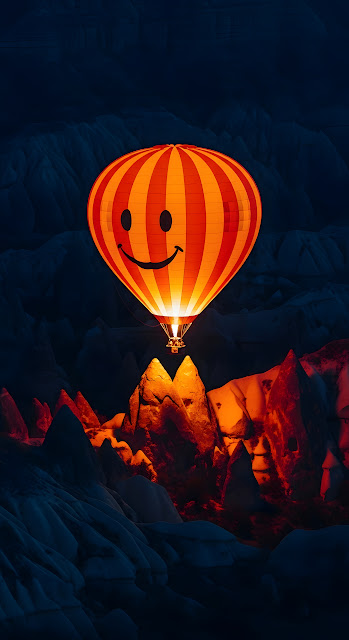 Glowing Smiley Hot Air Balloon Over Cappadocia at Night - Free mobile Wallpaper