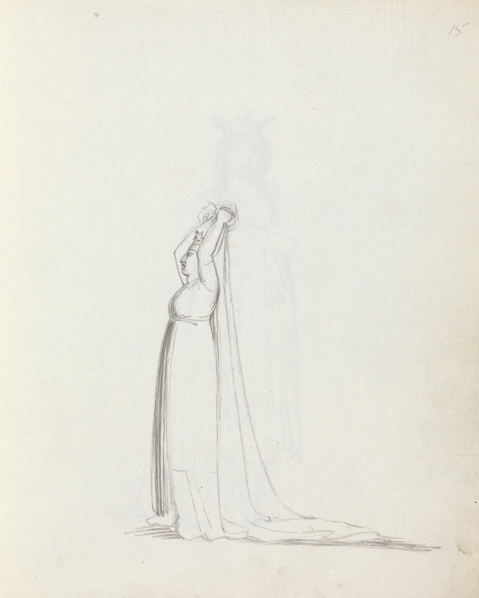 Mrs Siddons full length profile standing with arms over her head holding a veil