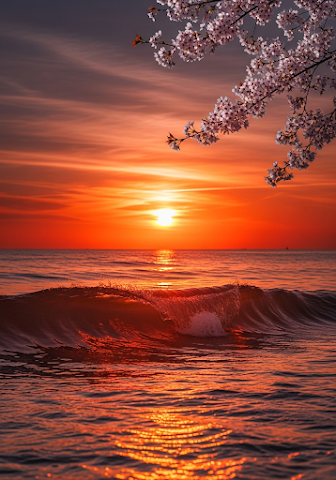 Cherry Blossoms Ocean Wave Sunset