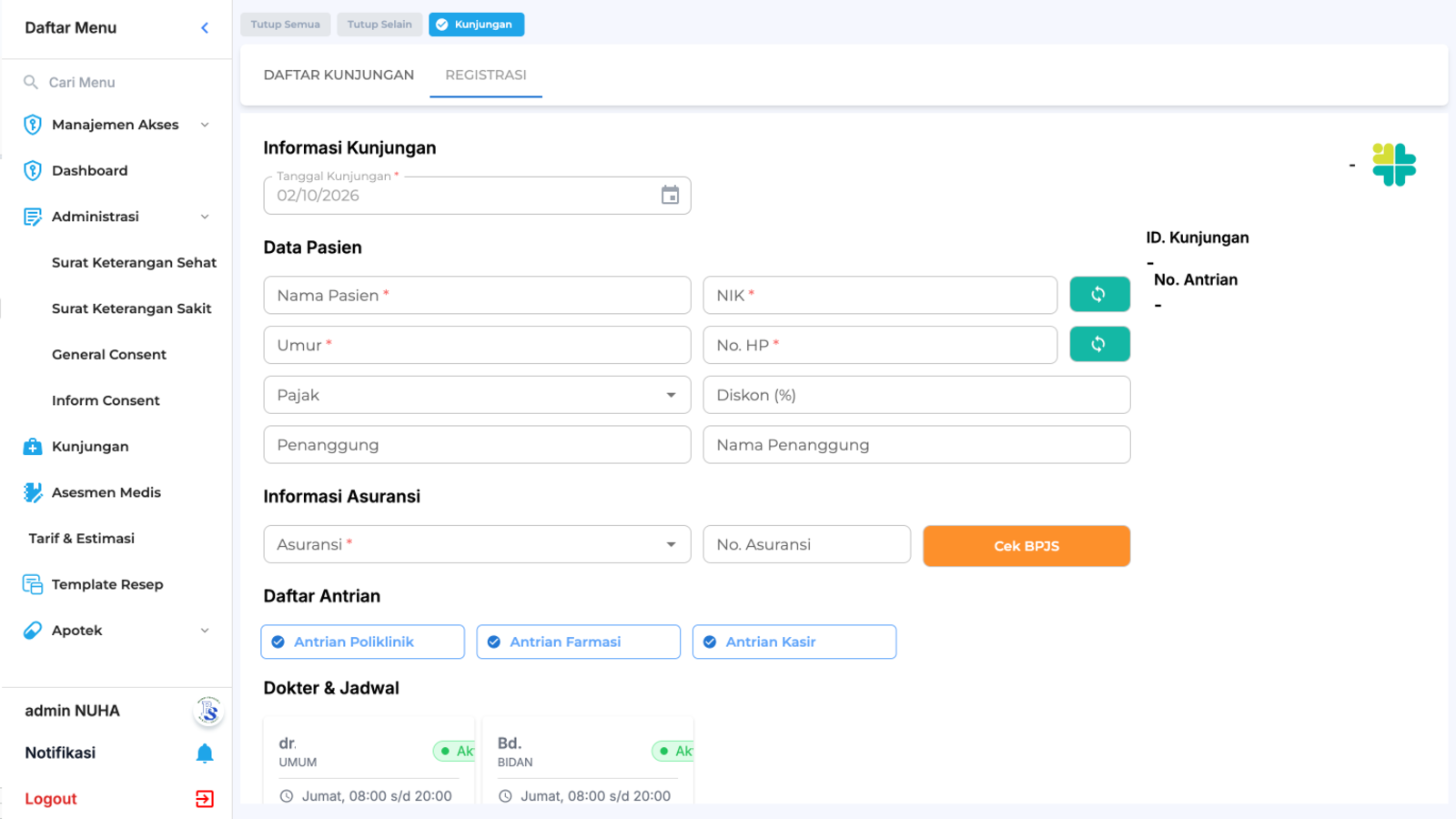 Tampilan fitur Registrasi & Data Kunjungan pada REGISTRASI & KUNJUNGAN