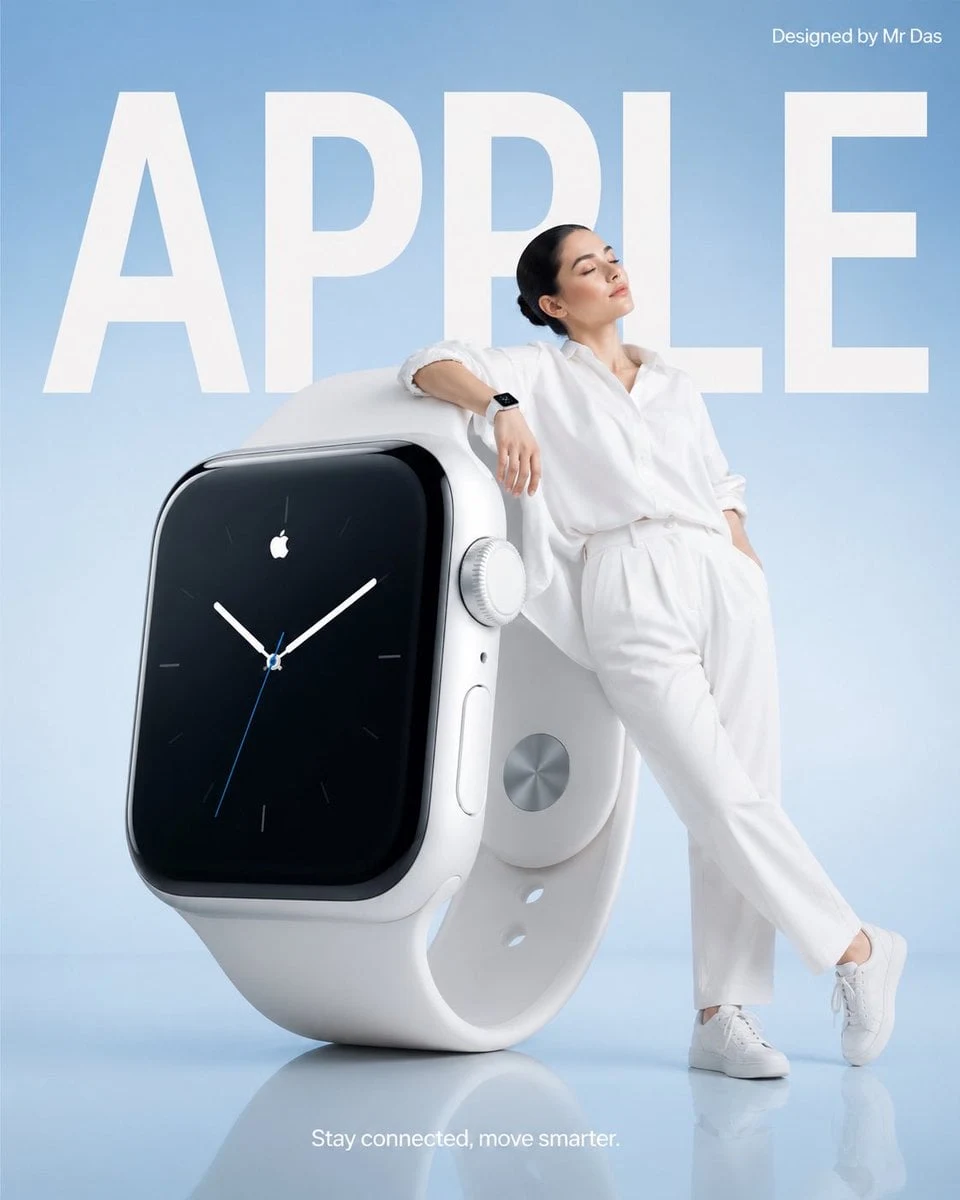 Anuncio comercial minimalista que presenta un reloj inteligente blanco de gran tamaño y un diseño ultralimpio.