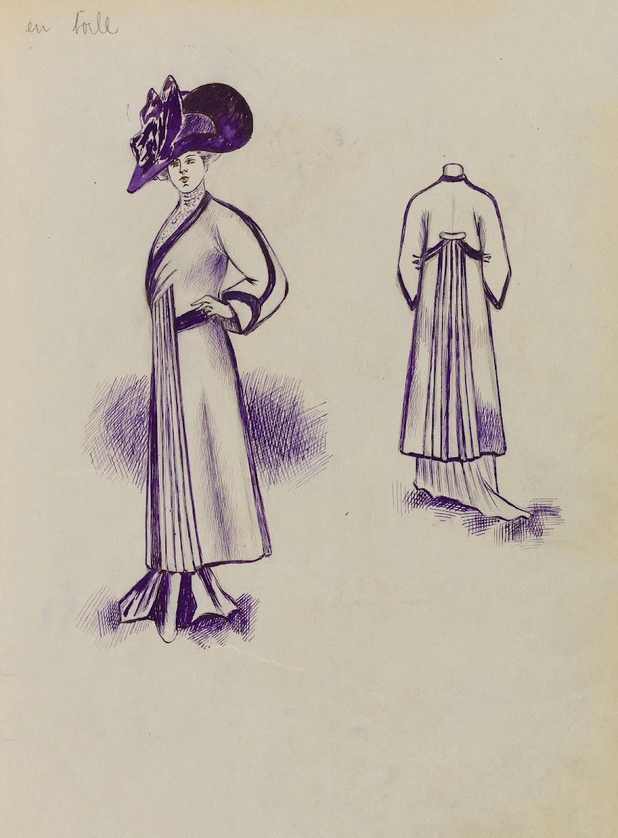 Figure de femme de trois quart portant un manteau sur robe longue et un grand ch