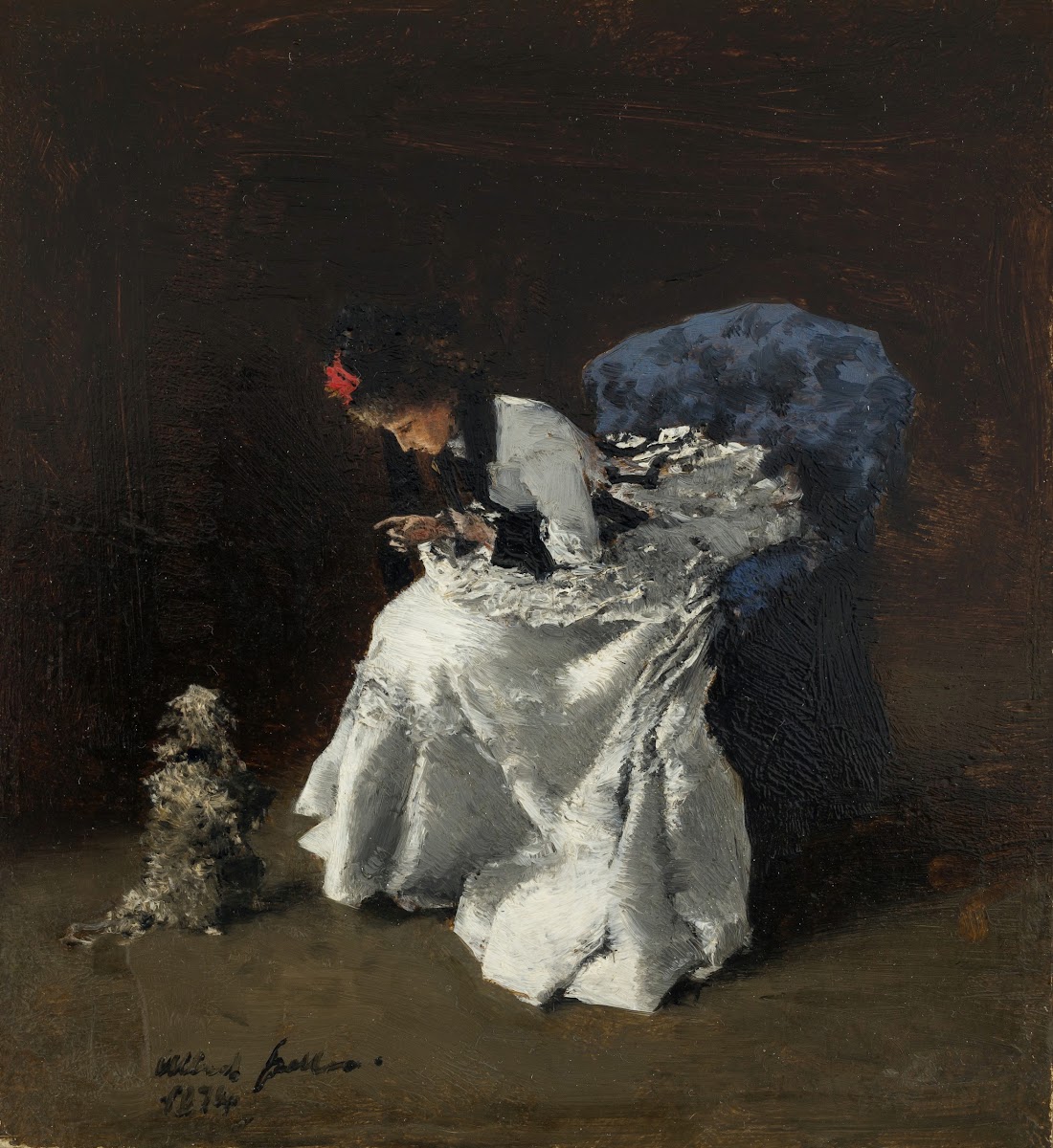 Dame in feiner Garderobe mit Hund 1875