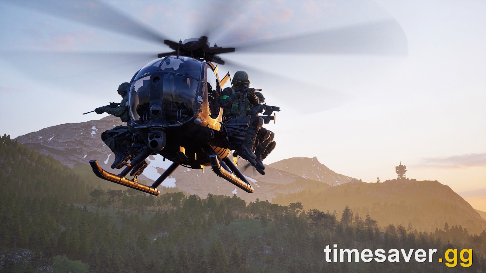 WARDOGS squad riding a helicopter over the mountains at sunset