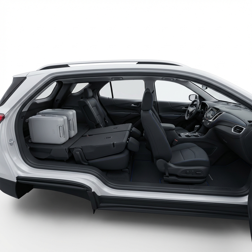 Bright studio interior of a chevy equinox suv showing rear passenger seats and open cargo area with two light luggage pieces minimal white background and subtle blue 3666ed accents