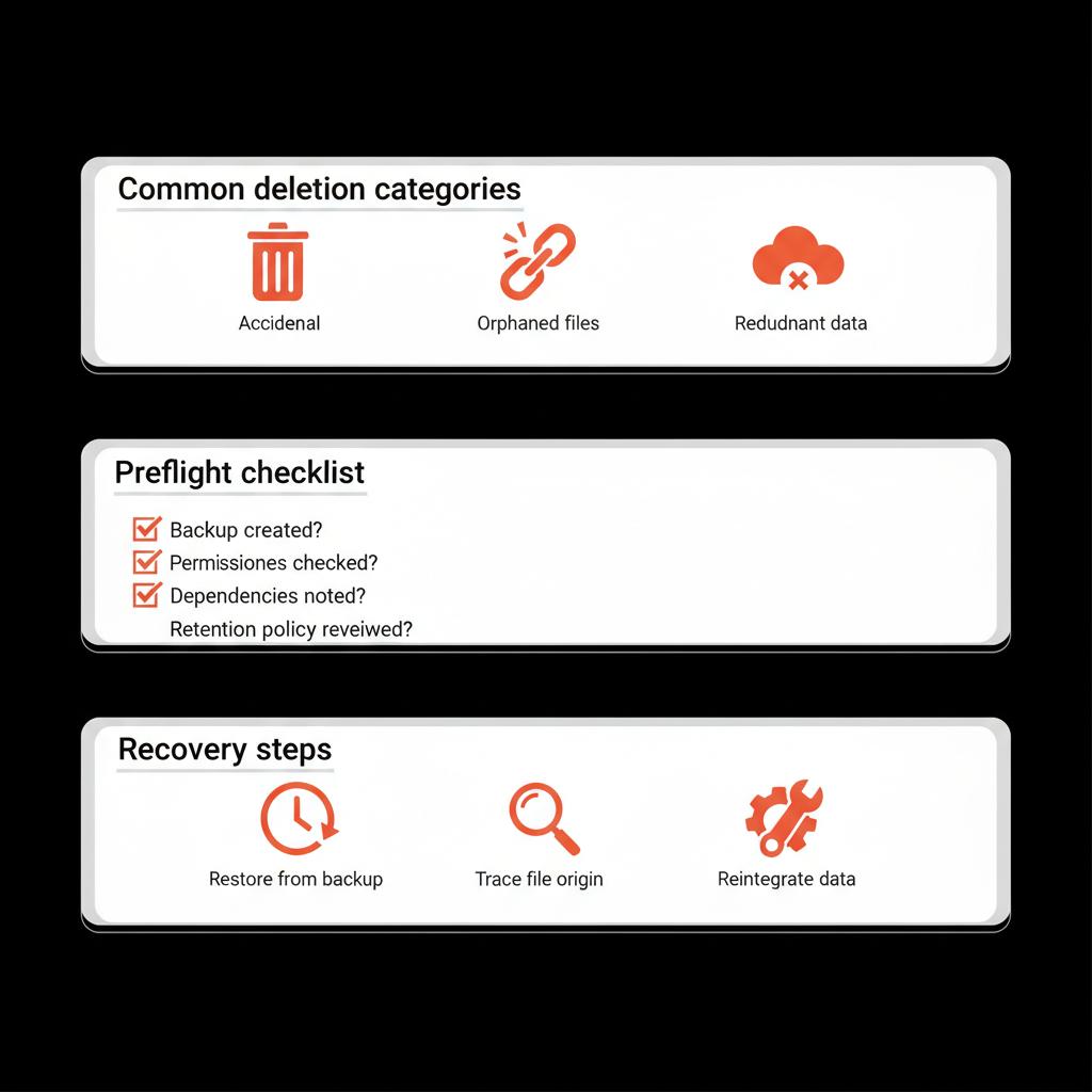 Minimal stacked infographic of reasons for deletion on Wikipedia: categories, preflight checklist, and recovery steps in Social Success Hub brand palette.
