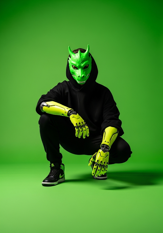 Neon Techwear Youth with Dragon Mask