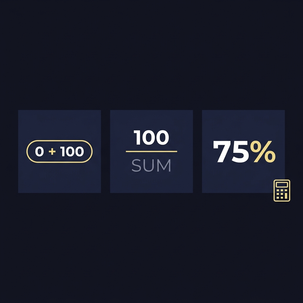 Minimal three step infographic showing american odds to probability conversion 0 plus 100 then 100 divided by sum then percentage result on dark Funded Plays brand background