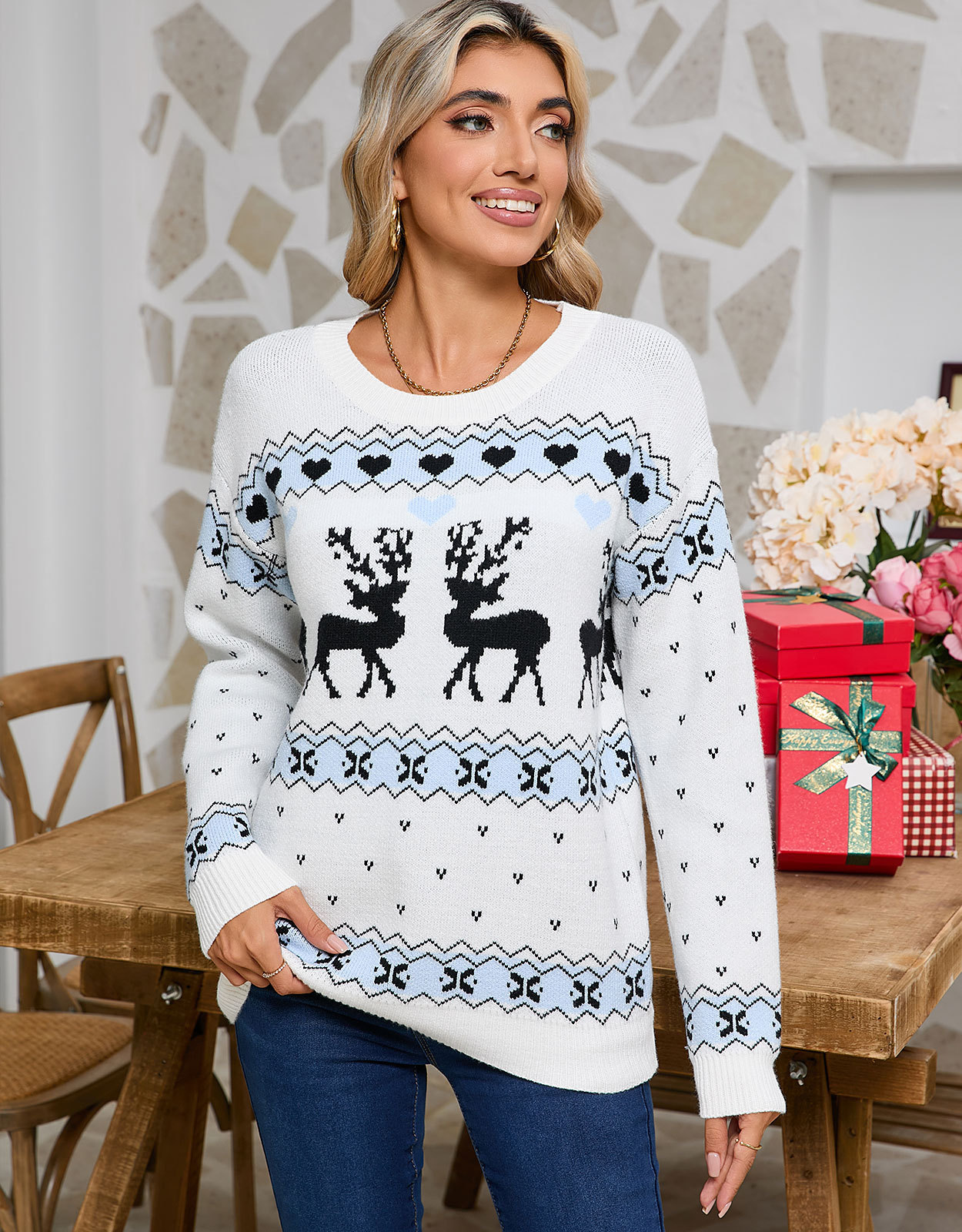 Women's Christmas Sweater with Reindeer Motif