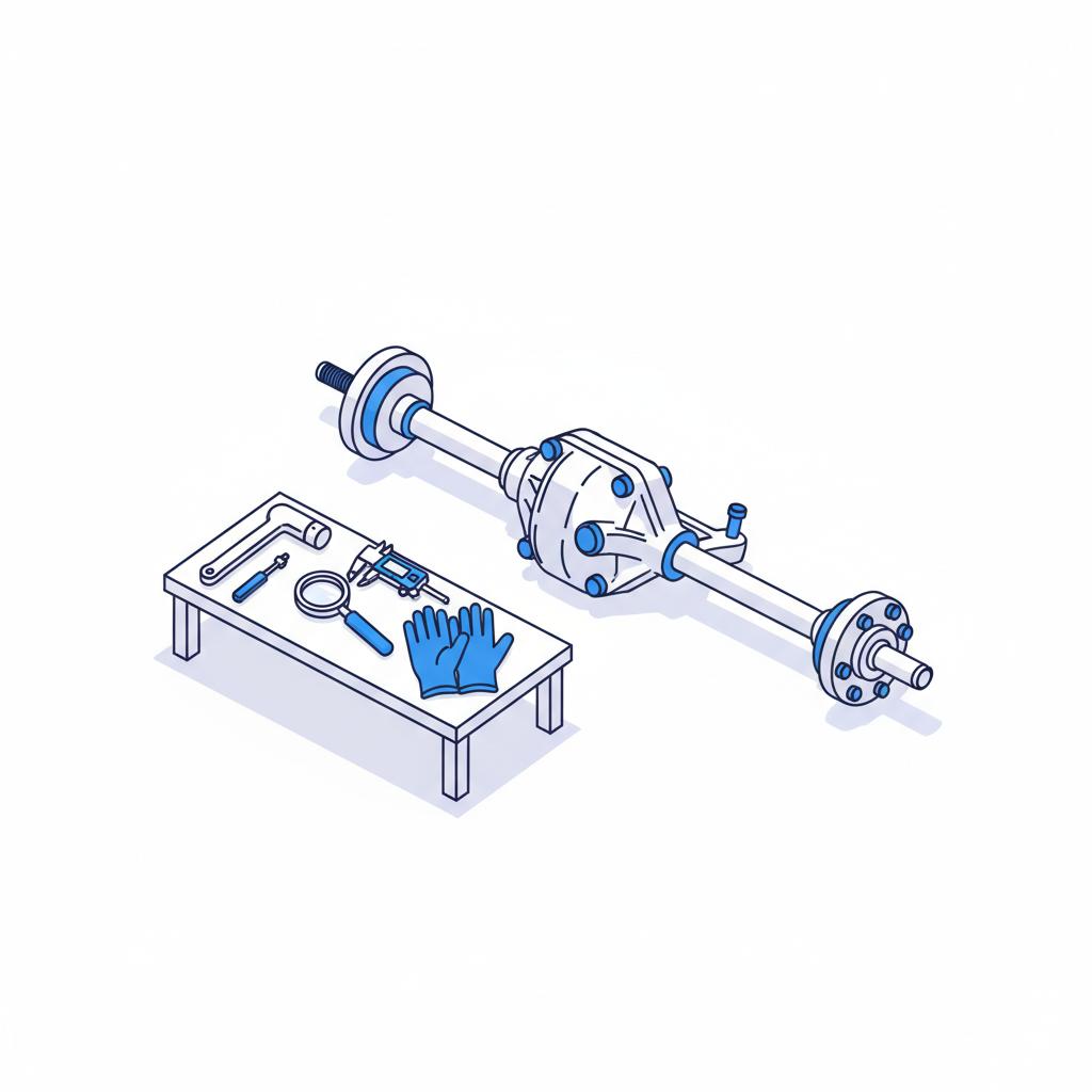 Minimalist 2D vector of a reinforced driveshaft and differential from a performance SUV on a white workshop background with inspection tools and blue brand accents trackhawk for sale