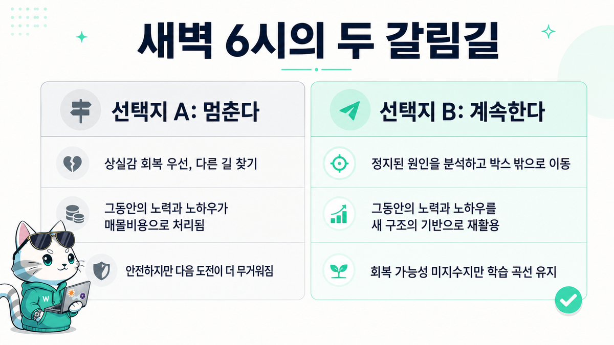 새벽 6시의 두 갈림길 — A 멈춘다 vs B 계속한다 비교