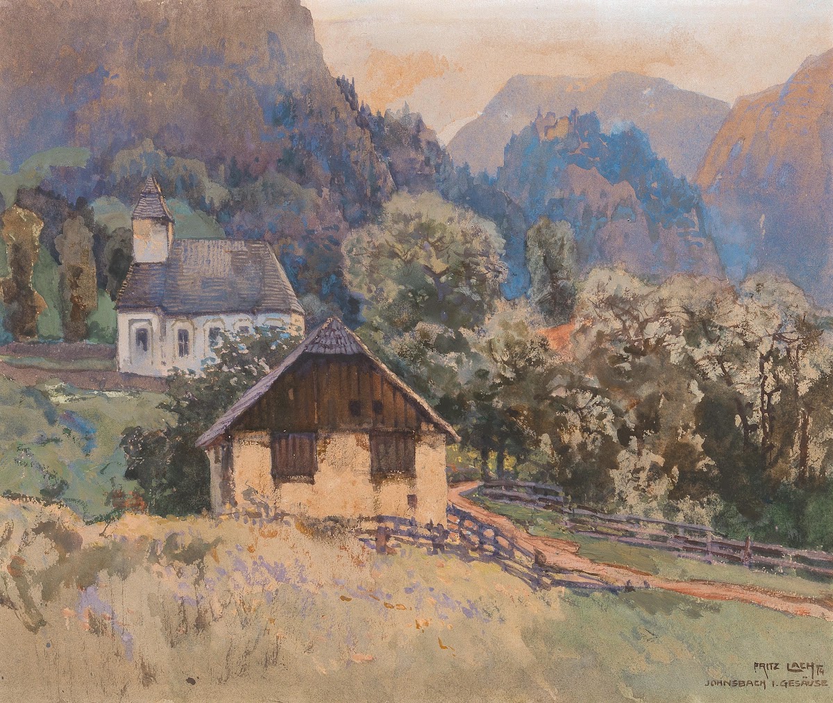 A small church and a shed in Johnsbach Gesäuse mountains 1914