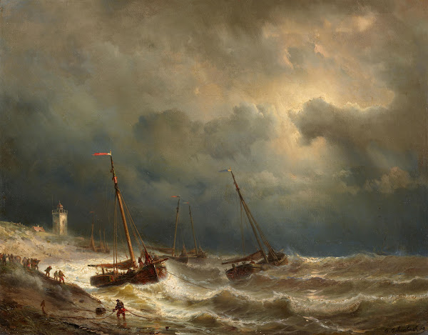 Segelschiffe an einer stürmischen Küste 1858