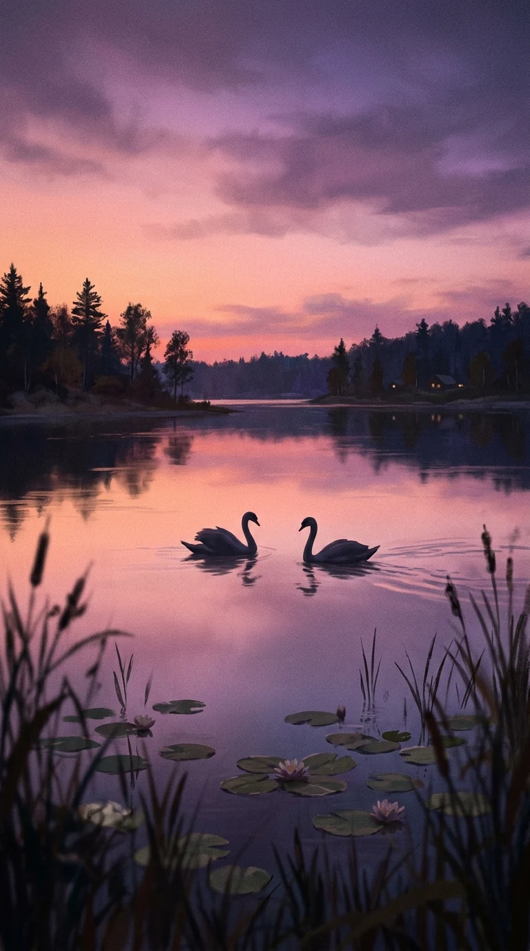 Serene Lakeside Twilight with Gliding Swan Silhouettes - Free 4K mobile Wallpaper