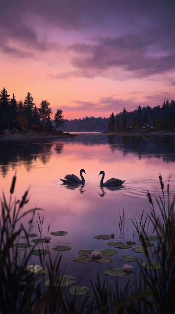 Serene Lakeside Twilight with Gliding Swan Silhouettes - Free mobile Wallpaper