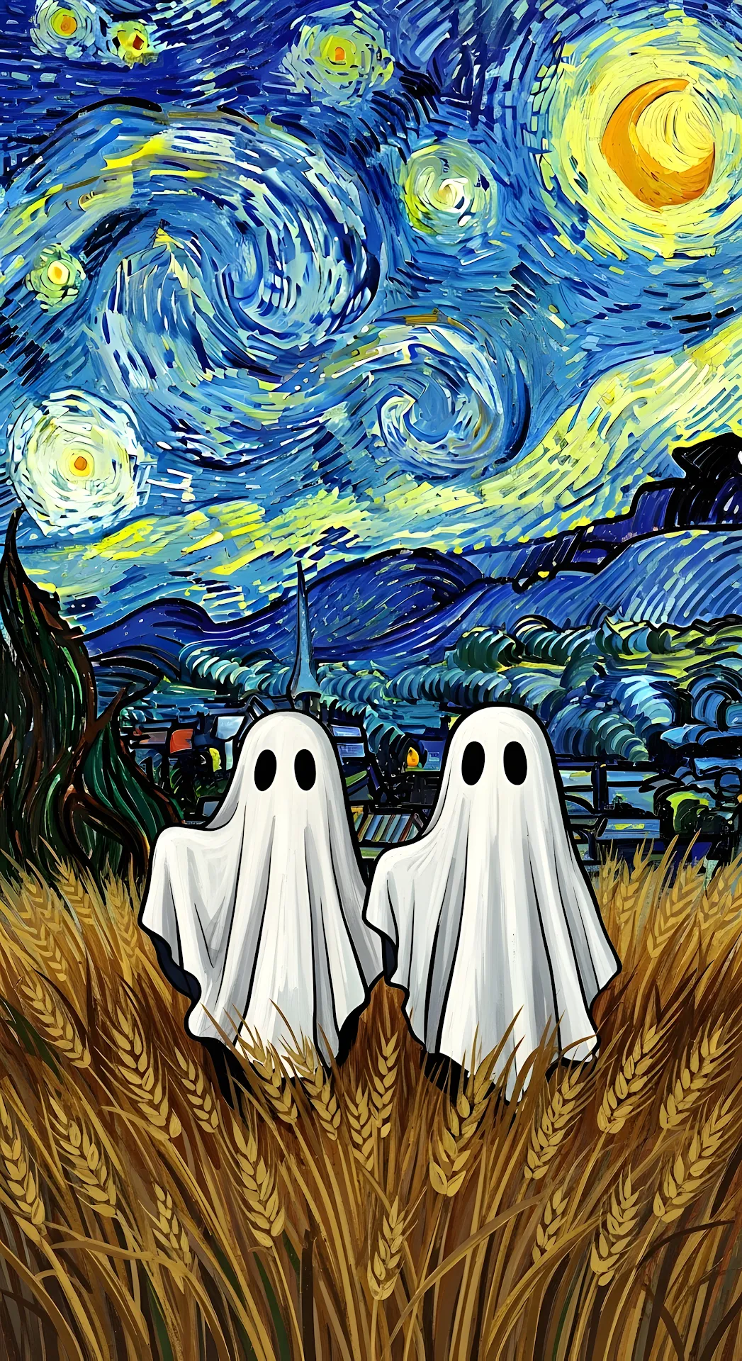 Starry Night Parody with Two Sheet Ghosts in Wheat Field - Free 4K mobile Wallpaper