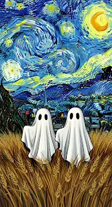 Starry Night Parody with Two Sheet Ghosts in Wheat Field