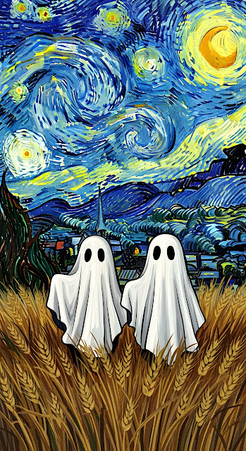 Starry Night Parody with Two Sheet Ghosts in Wheat Field - Free mobile Wallpaper