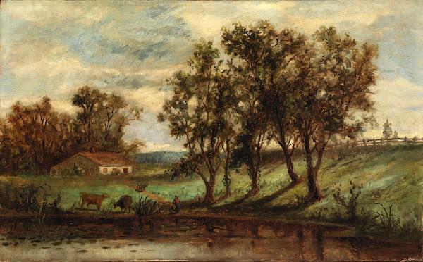 Untitled man with cows grazing near pond with house and trees in background