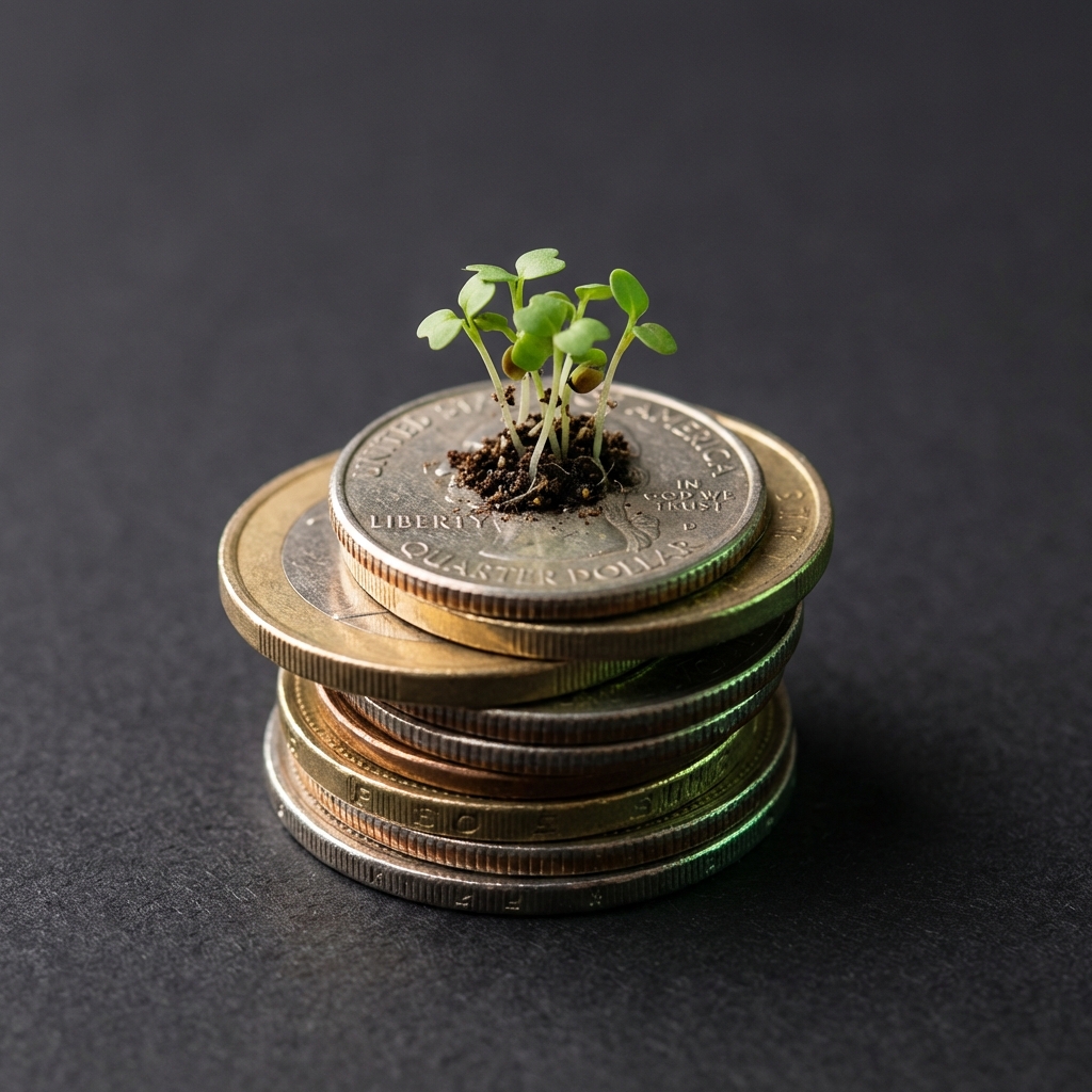 Close up of stacked coins transforming into small seedlings growing from the top coin symbolizing compounding growth and investment how to become a millionaire