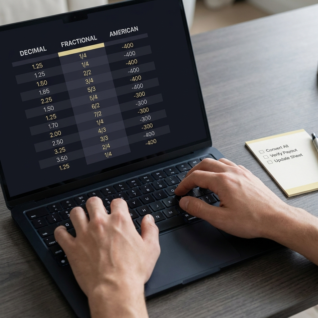 Close up of hands converting decimal fractional and American odds on a laptop screen with a printed checklist beside illustrating quick calculations for how to win bet