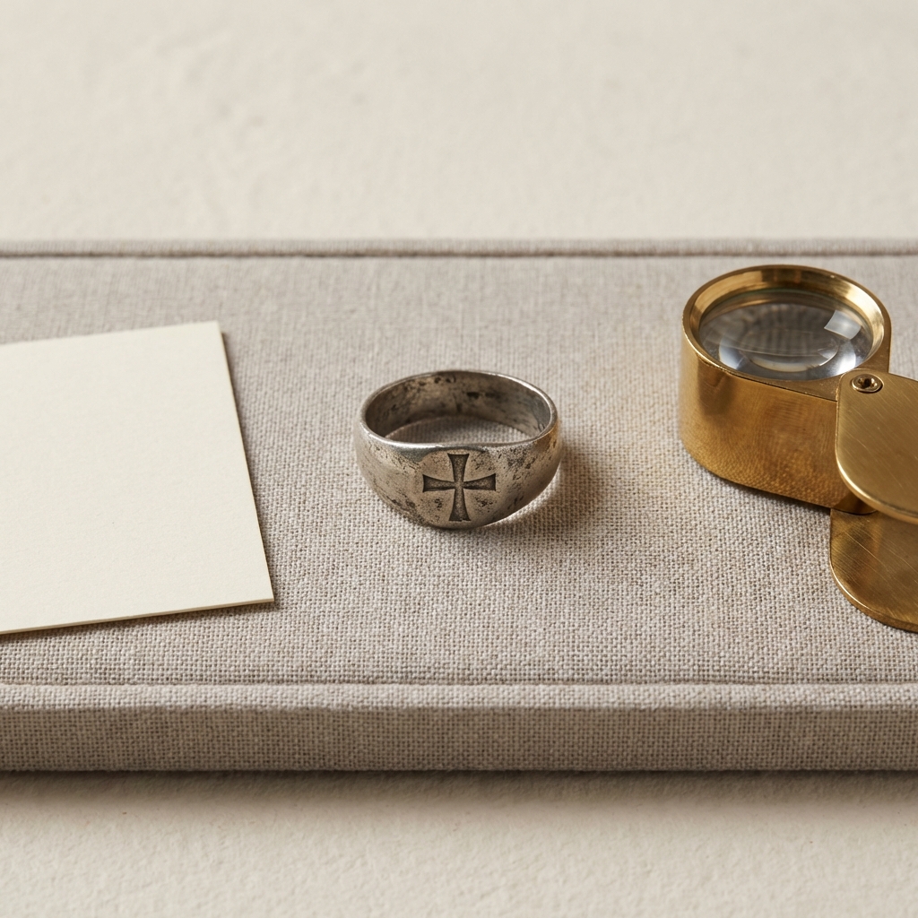 Conserved medieval silver ancient christian ring on a padded linen tray beside a provenance card and brass magnifying loupe on a neutral background