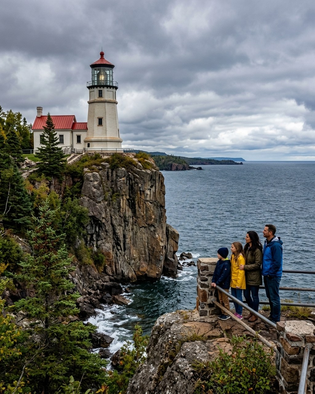 Split Rock Lighthouse on cliffs above Lake Superior with family at overlook