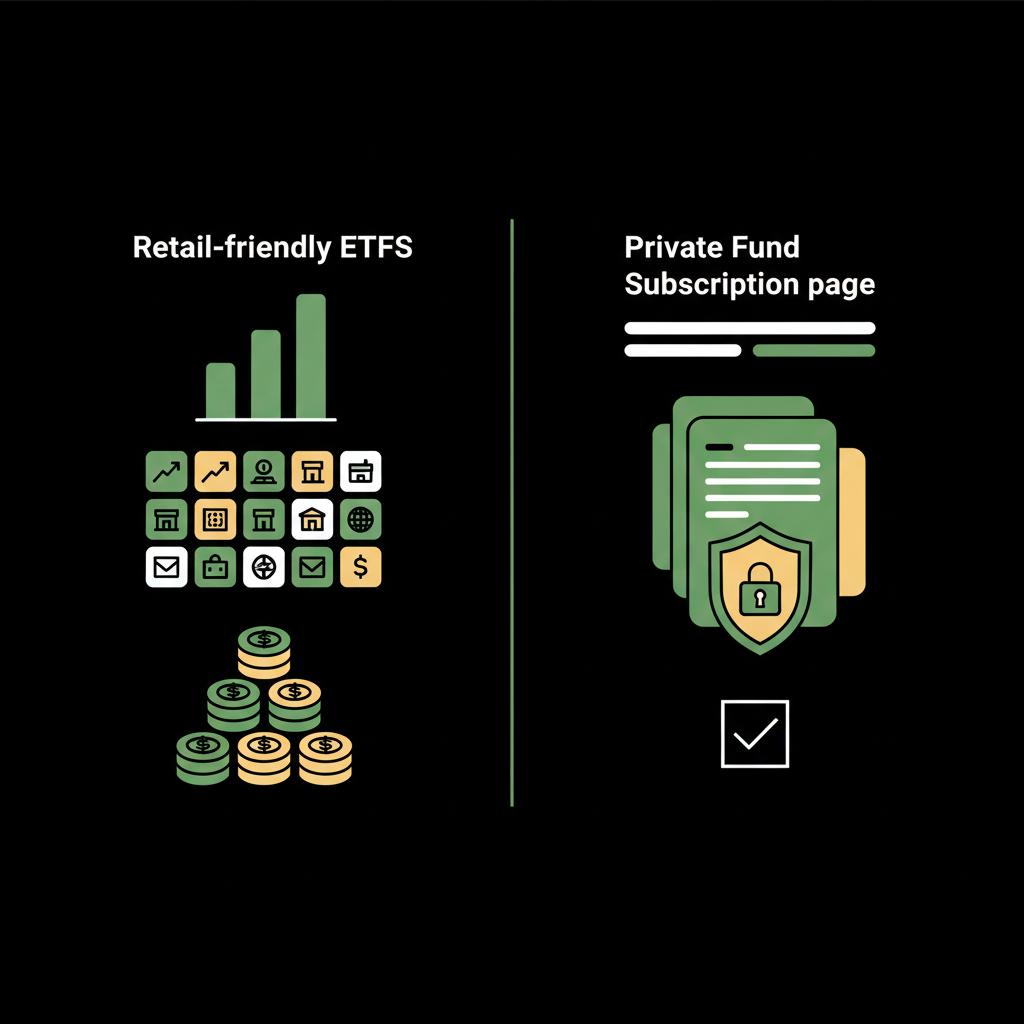 Minimalist 2D vector split screen showing retail friendly ETFs versus a private fund subscription page illustrating alternatives for how to start a hedge fund in Finance Police brand colors