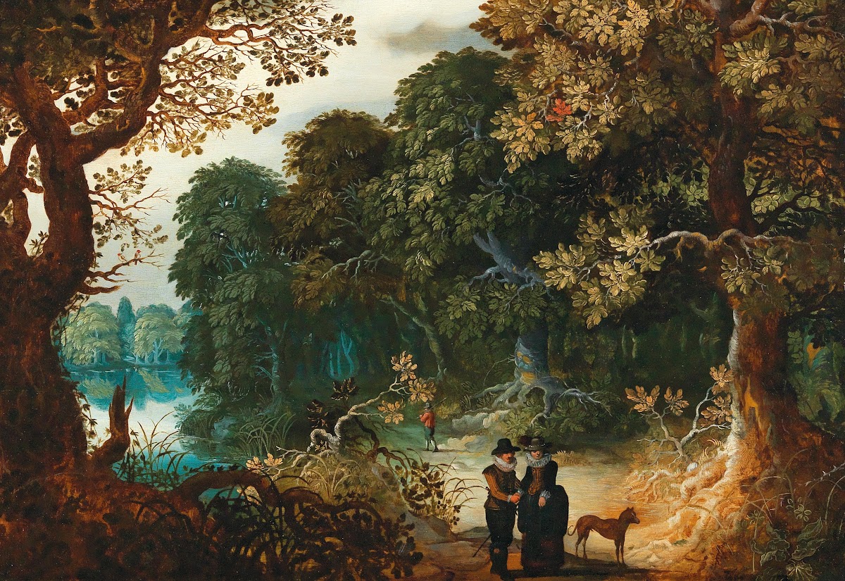 A wooded landscape with an amorous couple