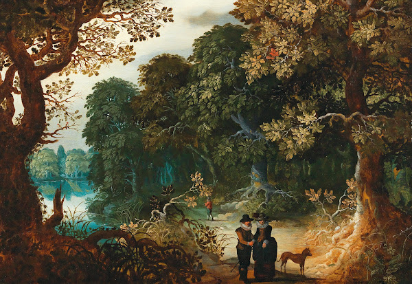 A wooded landscape with an amorous couple