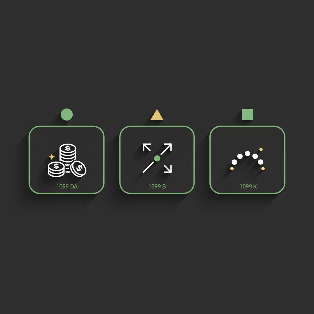 Minimalist 2D vector infographic showing three icon cards representing dividend form 1099 DA trade form 1099 B and payment form 1099 K on dark background best place to buy cryptocurrency