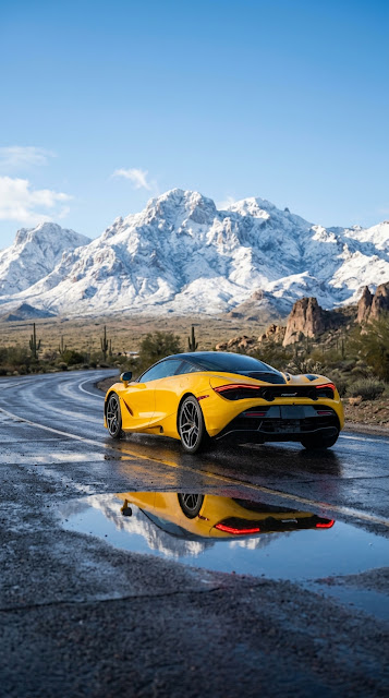 Bright Yellow Sports Car on Wet Road with Mountain Backdrop - Free mobile Wallpaper