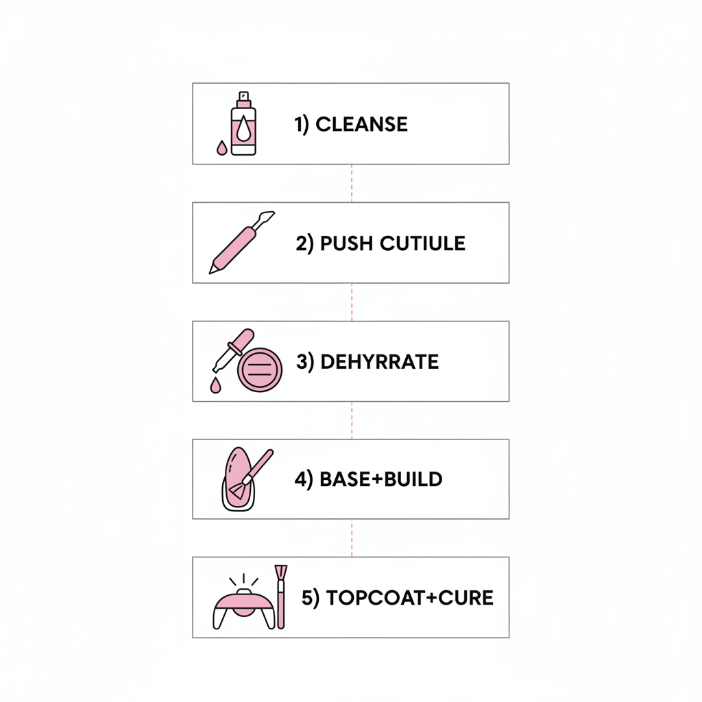 Minimalistische vertikale Infografik mit 5 Vektor-Icons für Gelnägel Schritt für Schritt: reinigen, Nagelhaut zurückschieben, entfetten, Basis aufbauen, versiegeln