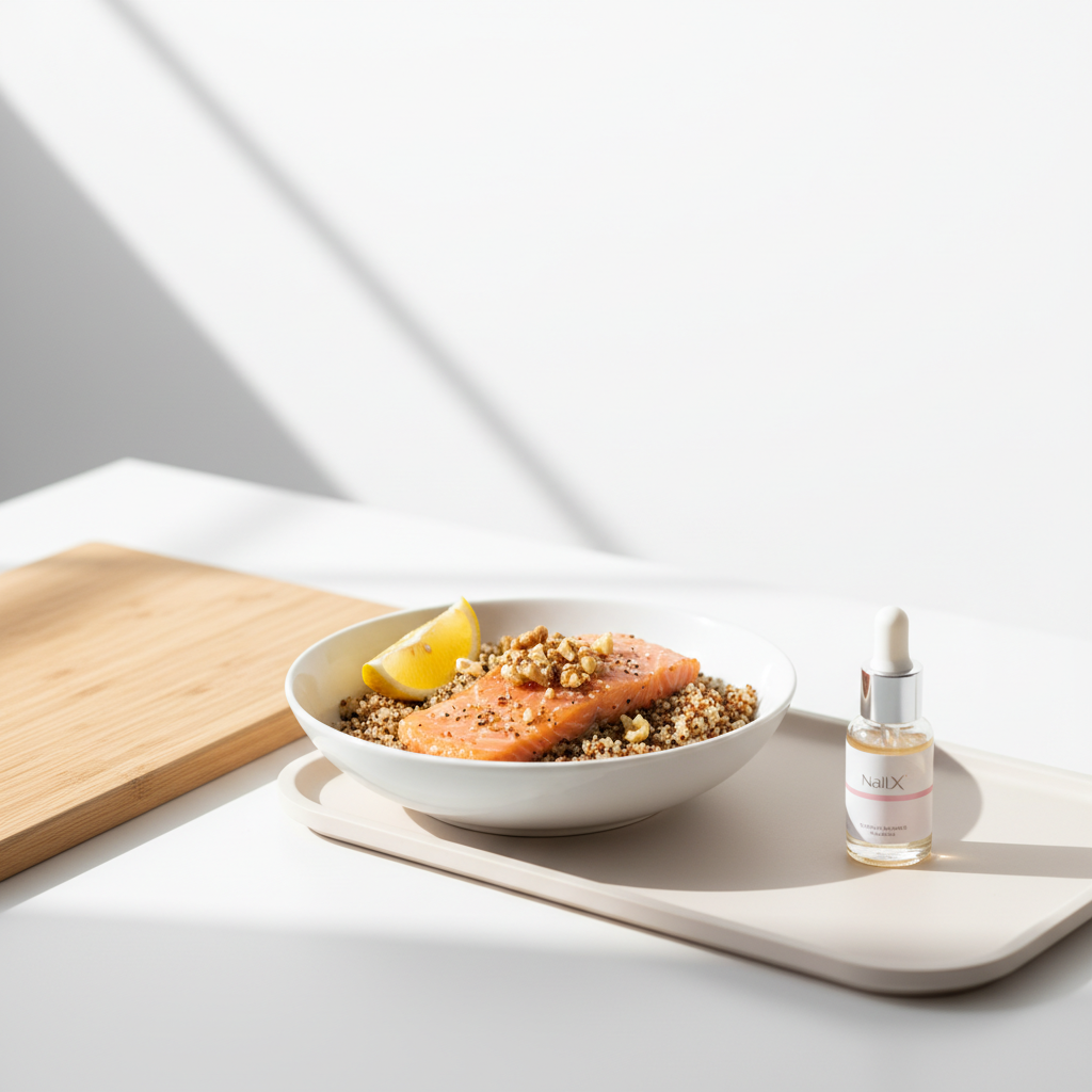 Heller Küchenarbeitsplatz mit Lachs‑Quinoa‑Bowl, Walnüssen, halbierter Zitrone und eleganter unlackierter Serumflasche auf pastellbeigem Tablett – Symbol für Nägel wachsen.