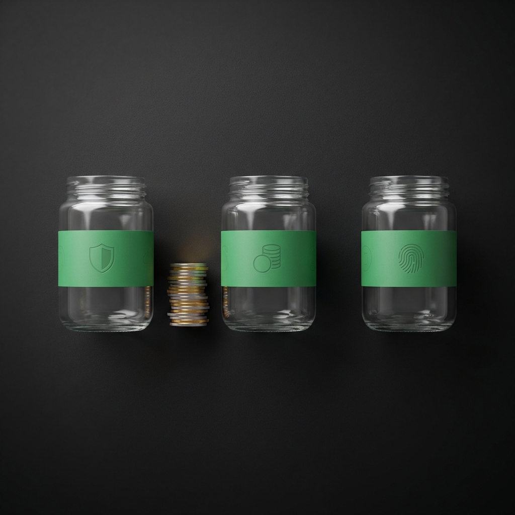 Overhead photorealistic photo of three glass jars with green labels representing categories of income save invest spend on a dark background 0f0f0f