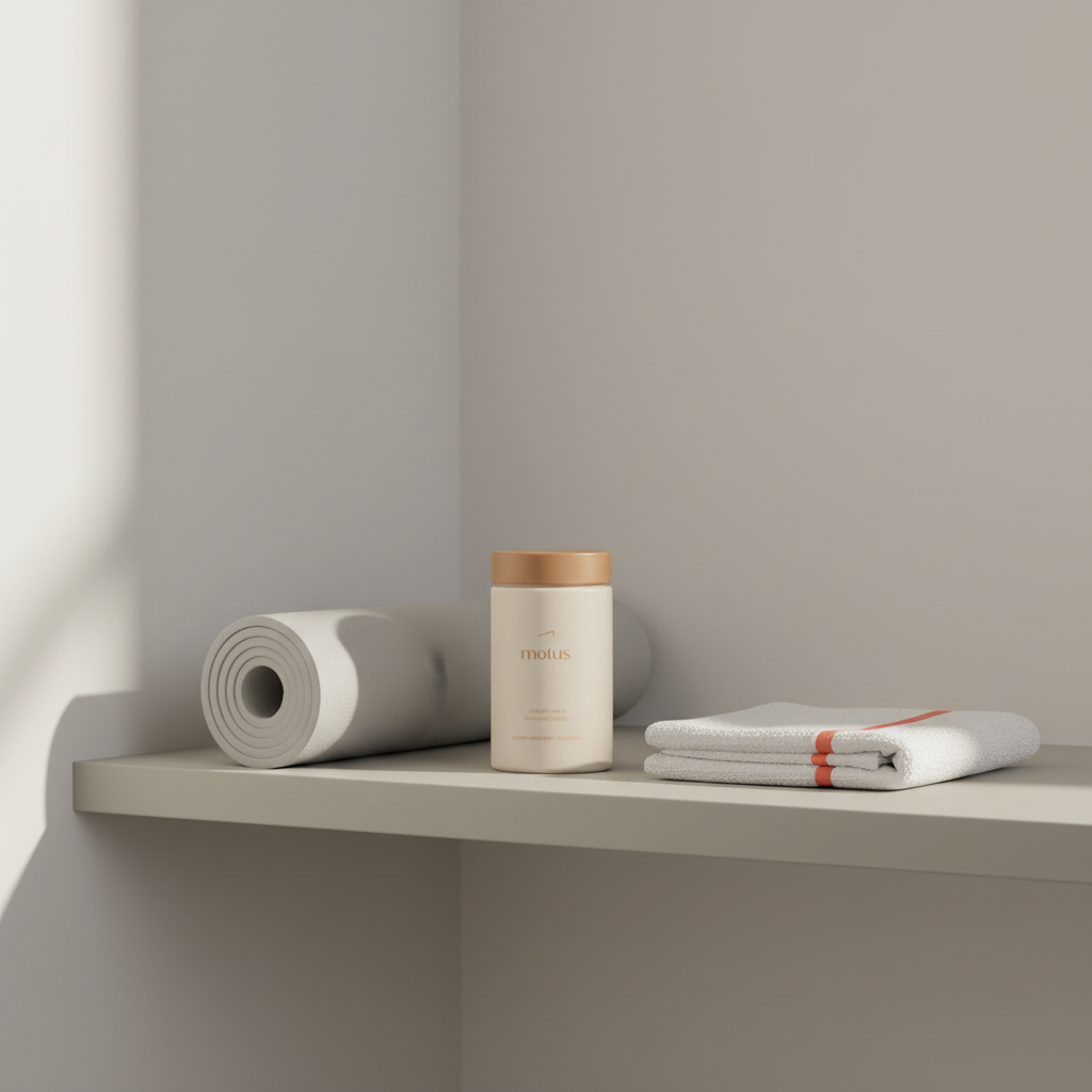 Minimal home exercise corner with rolled mat, small towel, and closed Motus supplement jar on a low shelf in soft natural light for a 7 minute sit workout, Tonum colors.